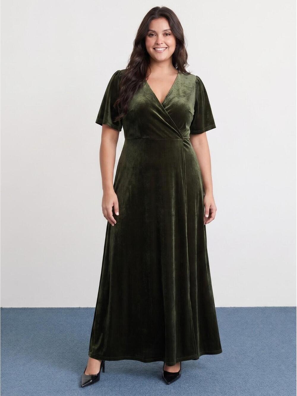 Baltic Born Women's Emerald Green Velvet Wrap Maxi Dress L V-Neck Flutter Sleeve